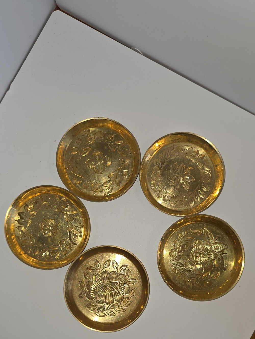Vintage Solid Brass Floral Etched 3" Diameter Coasters Trinket Dishes Set Of 5